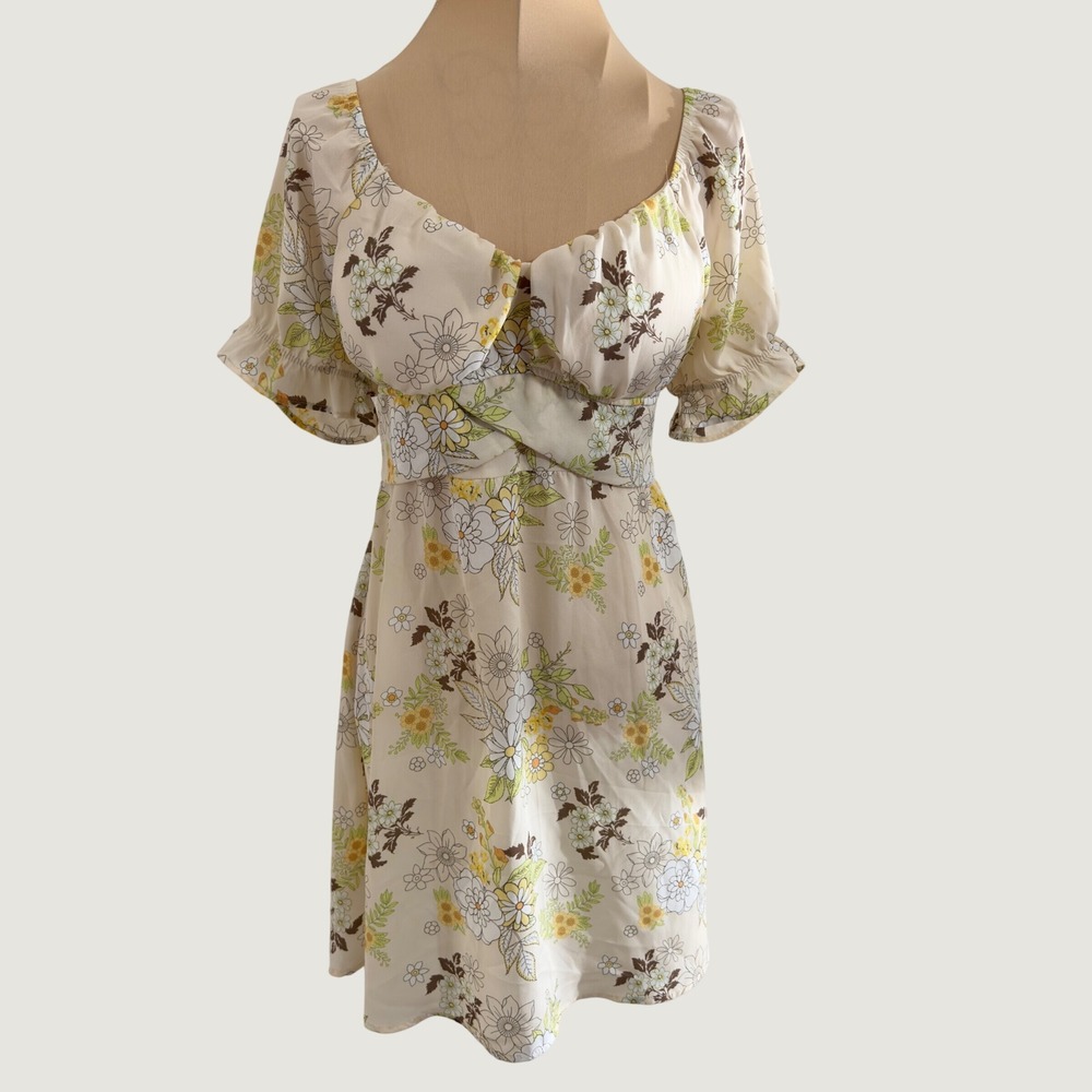 3174 | Floral Babydoll Mini Dress Puff Sleeve Cottagecore Romantic Cream Women L